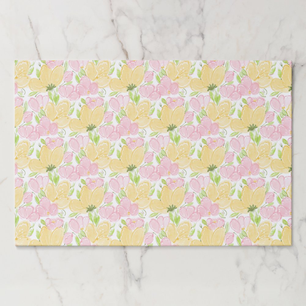 Yellow Pink Floral Paper Placemats, Garden Flowers Pad
