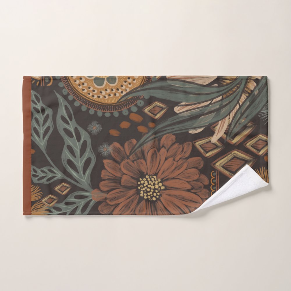 Dark Boho Terracotta Sage Botanical Pattern Bath Towel Set