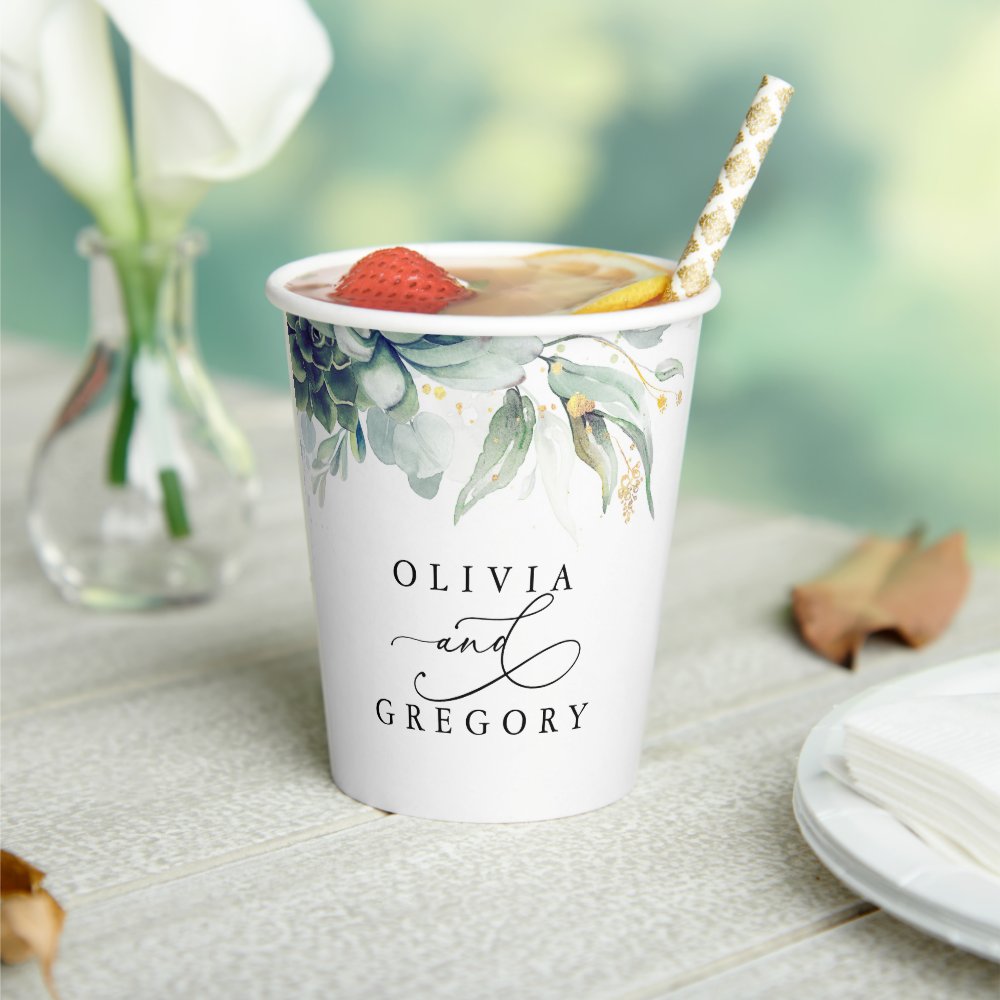 Succulents Gold Greenery Elegant Modern Wedding Paper Cups