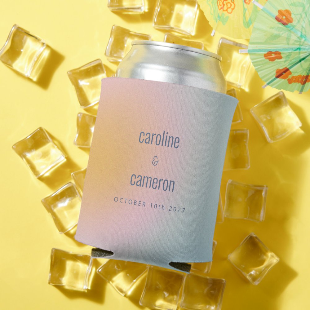 Celestial Pastel Blue Pink Grainy Gradient Wedding Can Cooler
