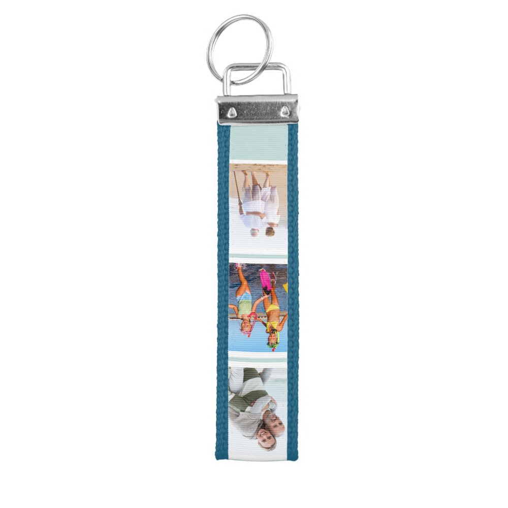 Personalized 6 Photo Collage Misty Blue Stripe Wrist Keychain
