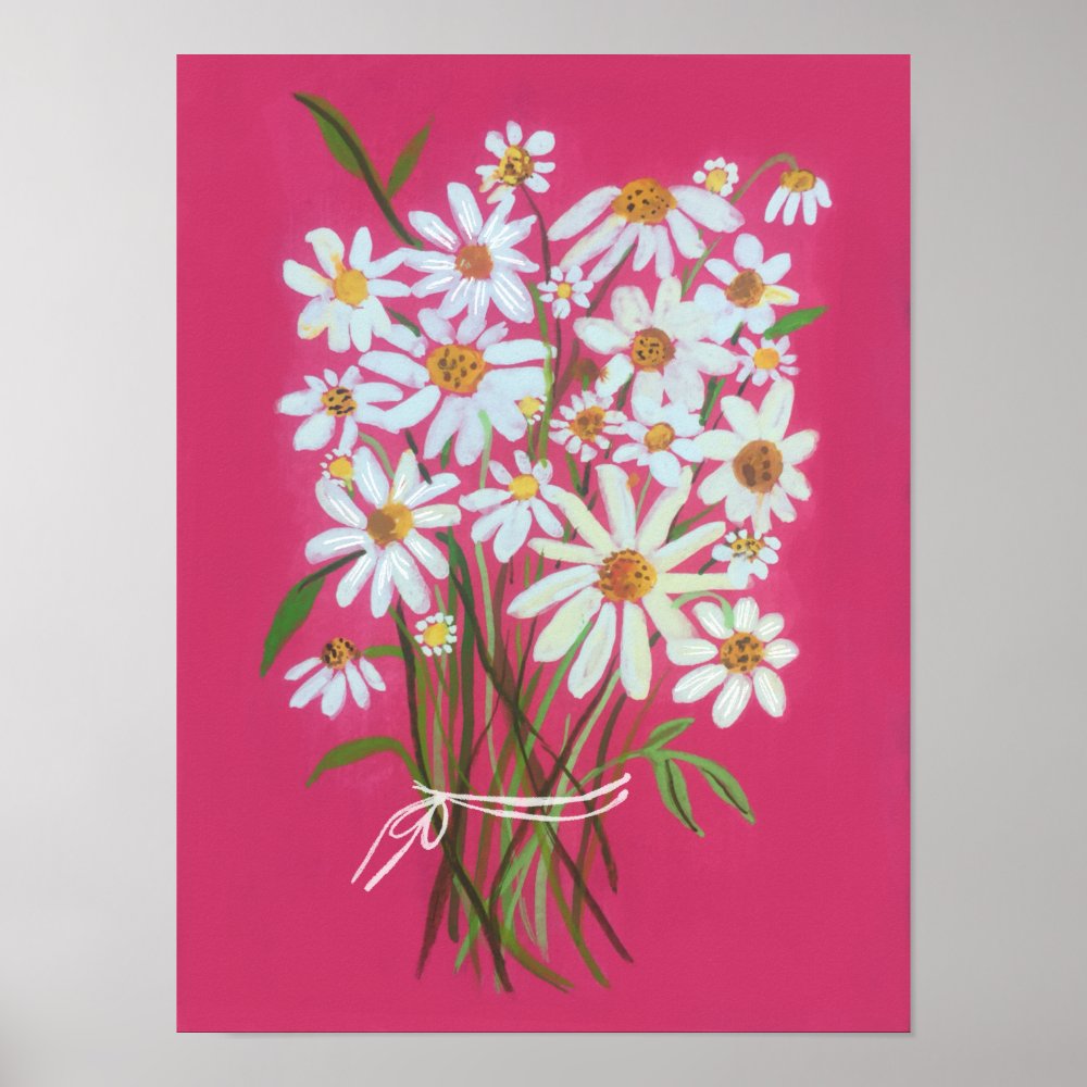 White Daisy Bouquet on Pink Gouache Painting Art Poster