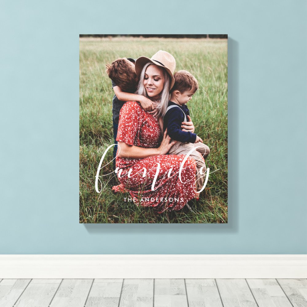 Family elegant calligraphy overlay photo canvas print