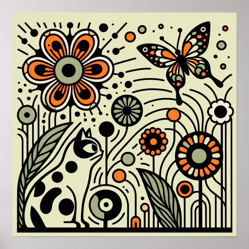 Whimsical Garden Harmony: Cat, Flowers, and Butter Poster