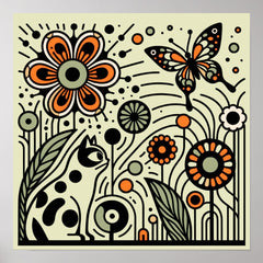 Whimsical Garden Harmony: Cat, Flowers, and Butter Poster
