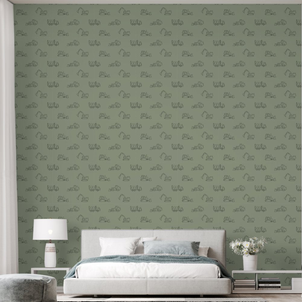 Construction Vehicles Builder Boy Truck Sage Green Wallpaper