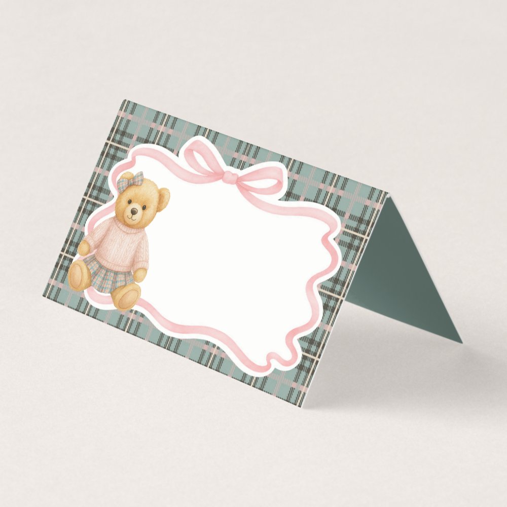 Pink Coquette Bow Bear Tartan Plaid Place Card