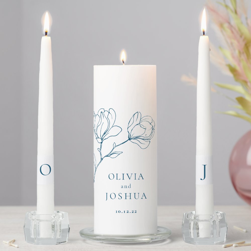 Bohemian Navy Blue Floral Unity Candle Set