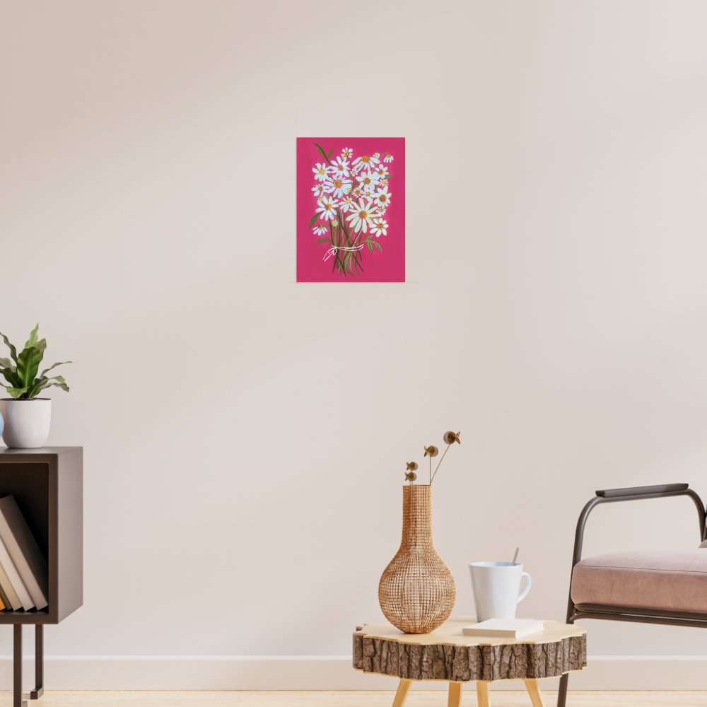 White Daisy Bouquet on Pink Gouache Painting Art Poster