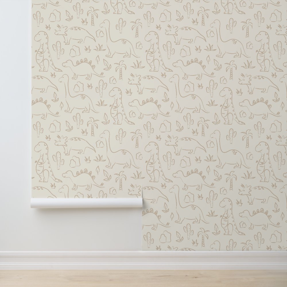 Dinosaur Neutral Boho Soft Earth Tone Dino Beige Wallpaper