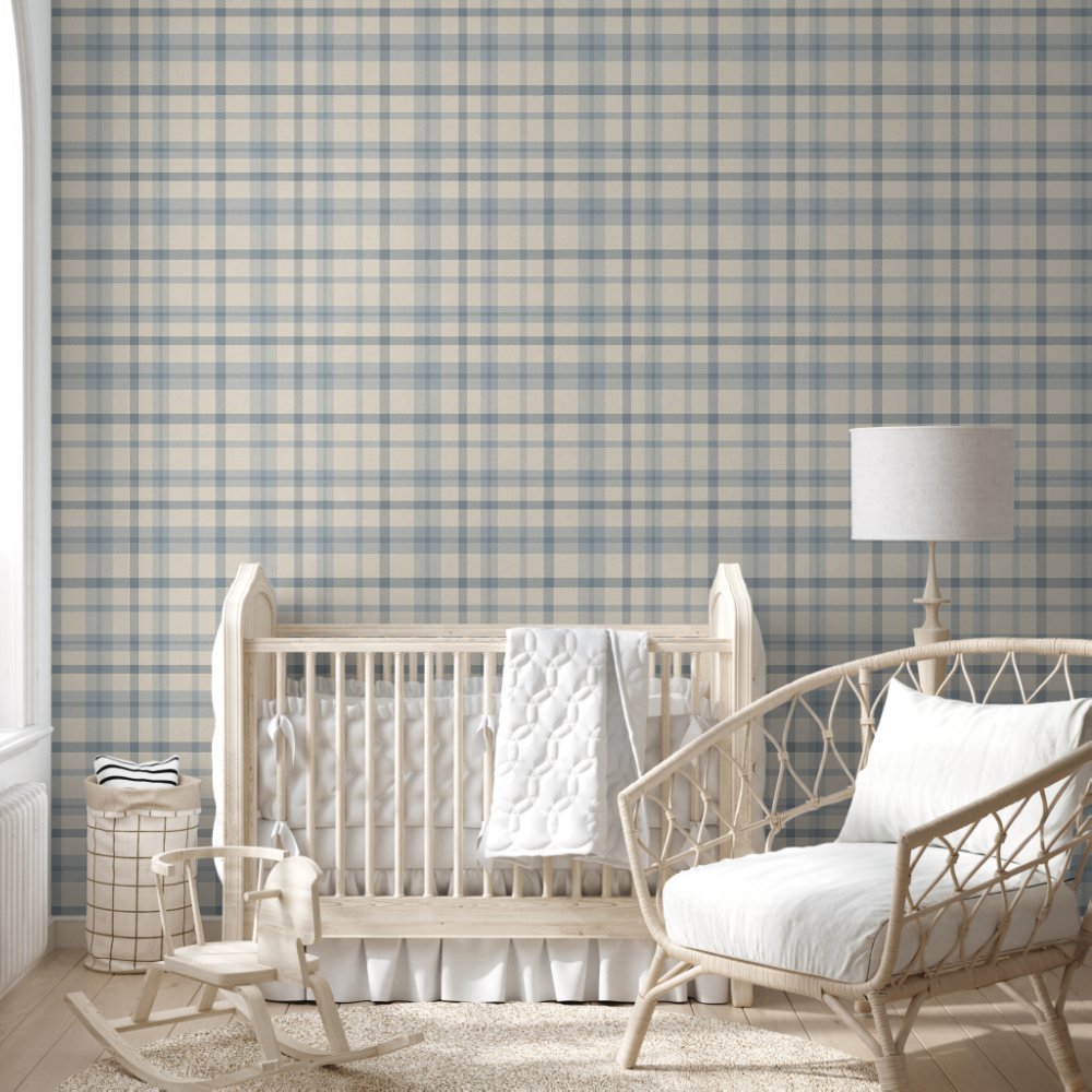 Masculine Muted Blue Plaid w/ Linen Texture Wallpaper