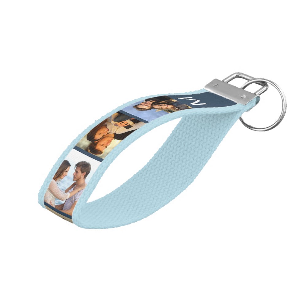 Monogrammed 6 Photo Strip Collage Blue Wrist Keychain