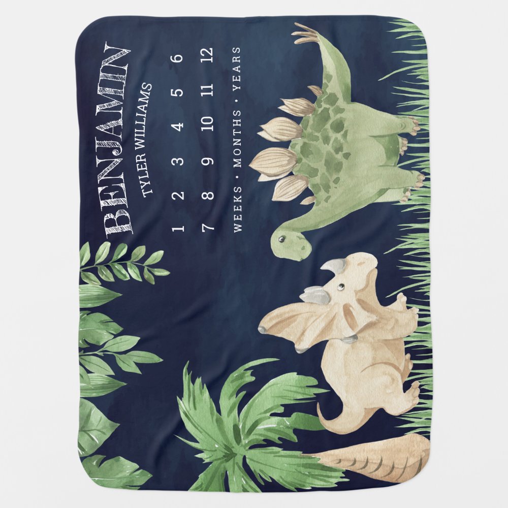 Rustic Jungle Cute Baby Dinosaurs Navy Milestone Blanket