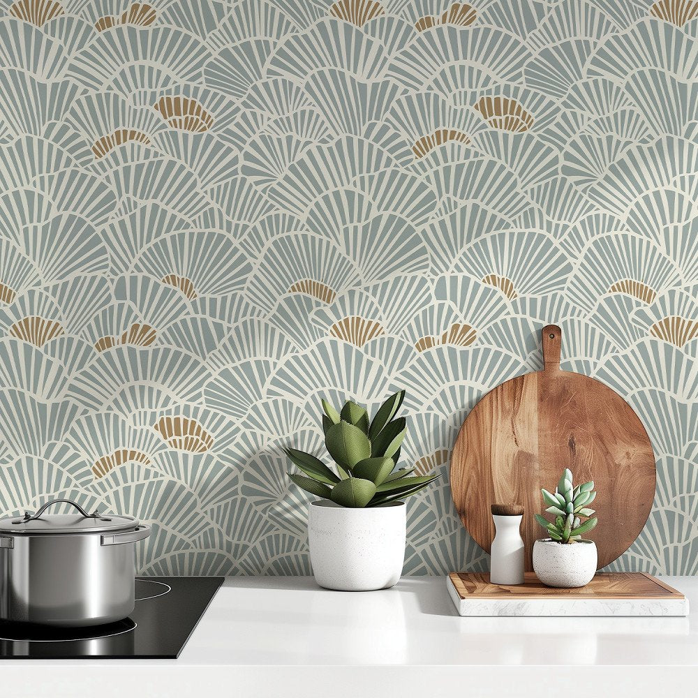 Soft Blue and Gold Fan Shell Art Deco Wallpaper