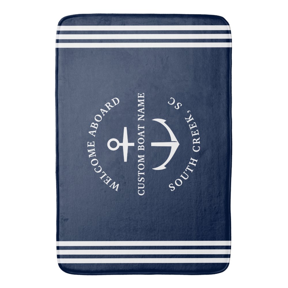 Modern Custom Boat Name Welcome Aboard Nautical Bath Mat