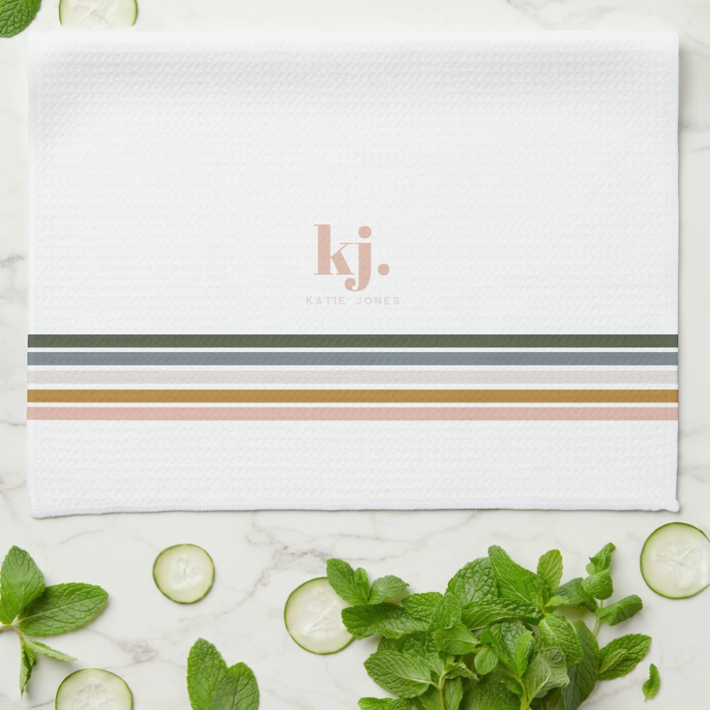 Chic Retro Stripes Monogram Tea Towel