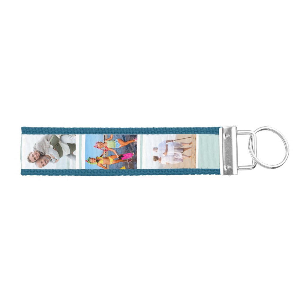 Personalized 6 Photo Collage Misty Blue Stripe Wrist Keychain