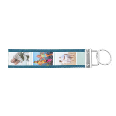 Personalized 6 Photo Collage Misty Blue Stripe Wrist Keychain