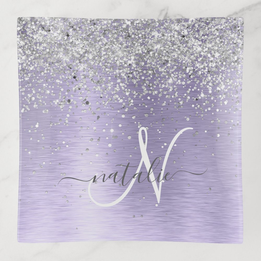 Purple Brushed Metal Silver Glitter Monogram Name Trinket Tray