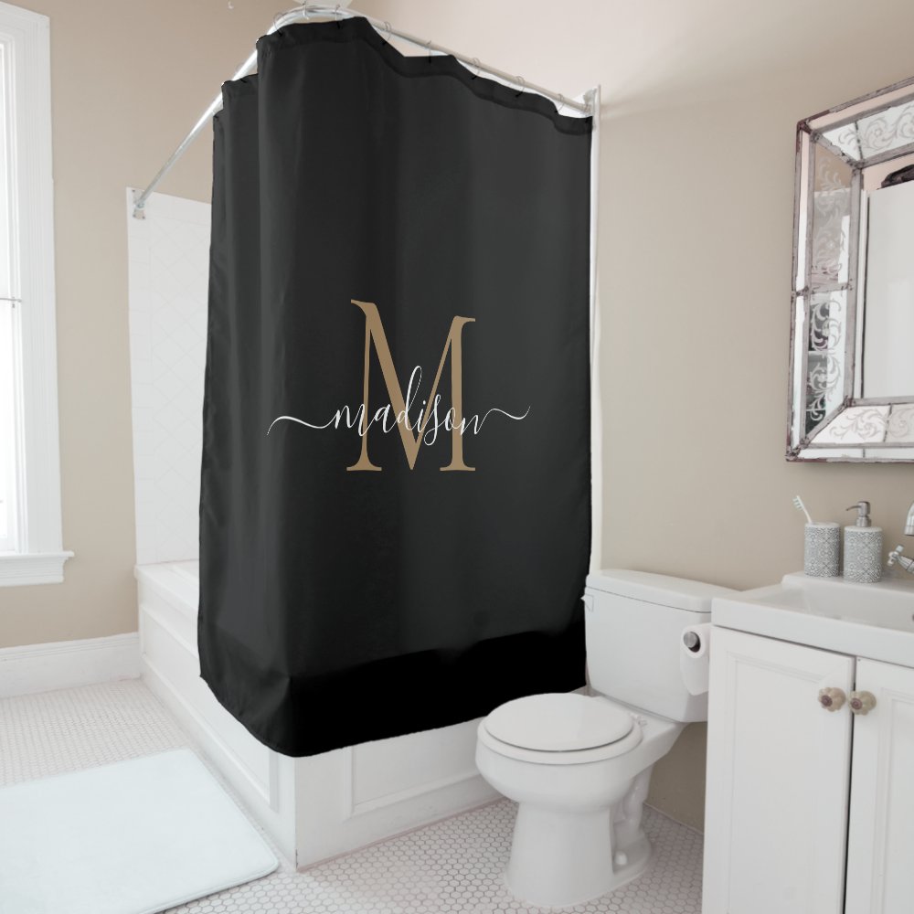 Elegant Black Gold Monogram Feminine Script Name Shower Curtain