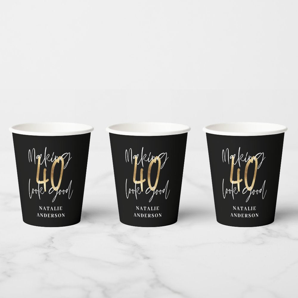 modern black and gold 40th birthday party  paper cups