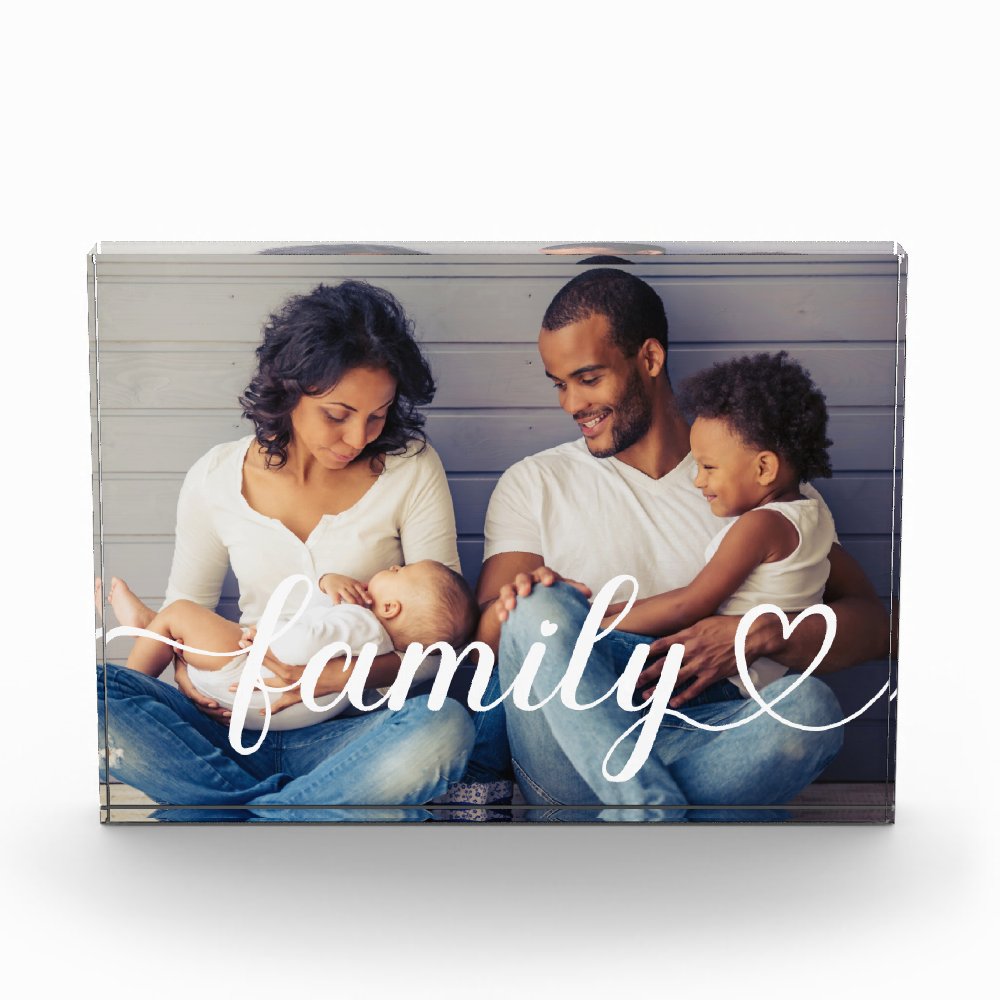 Family Heart Script White Photo Collage Block