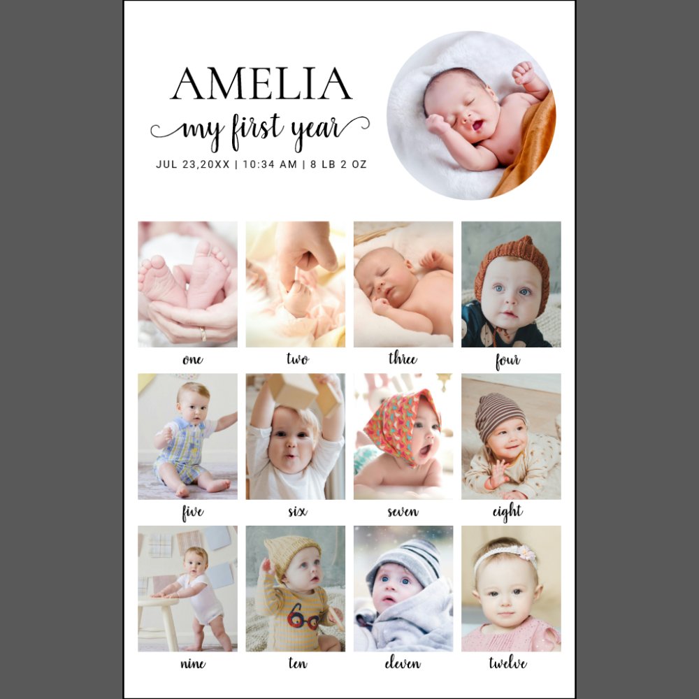 1st Birthday Baby Milestone 12 Months Custom Photo Poster