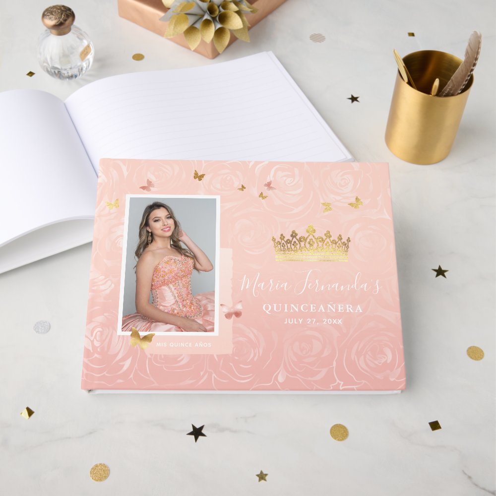 Modern Rose Gold Blush Elegant Photo Quinceanera Guest Book