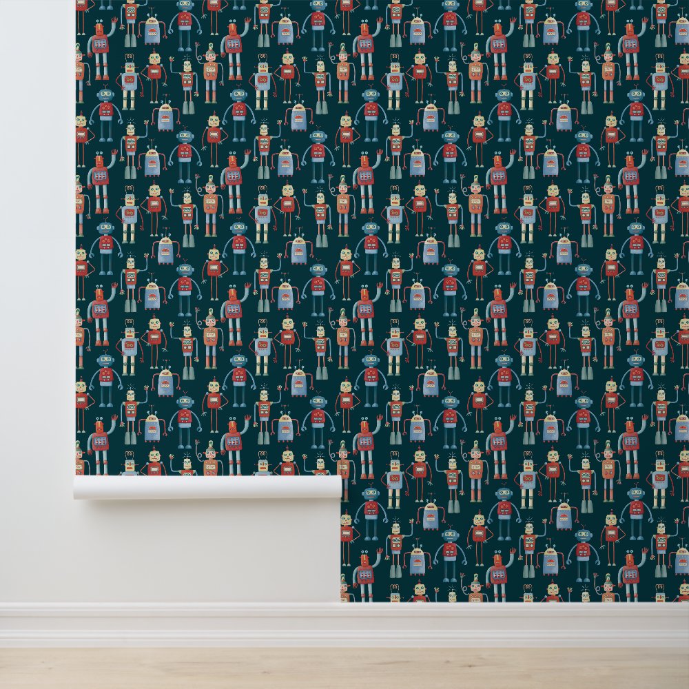 Fun Robot Pattern Teal Green Wallpaper