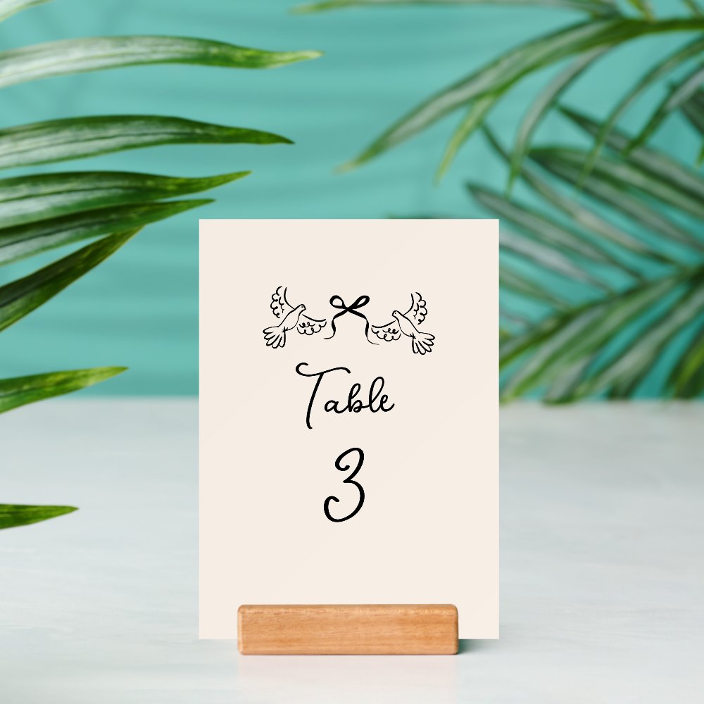 Minimal Hand-Drawn Doves Wedding Table Number Card Holder