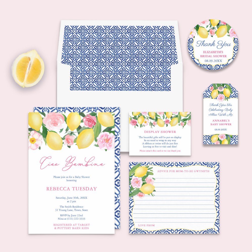 Positano Lemons Blue and White Pattern Wedding Place Card
