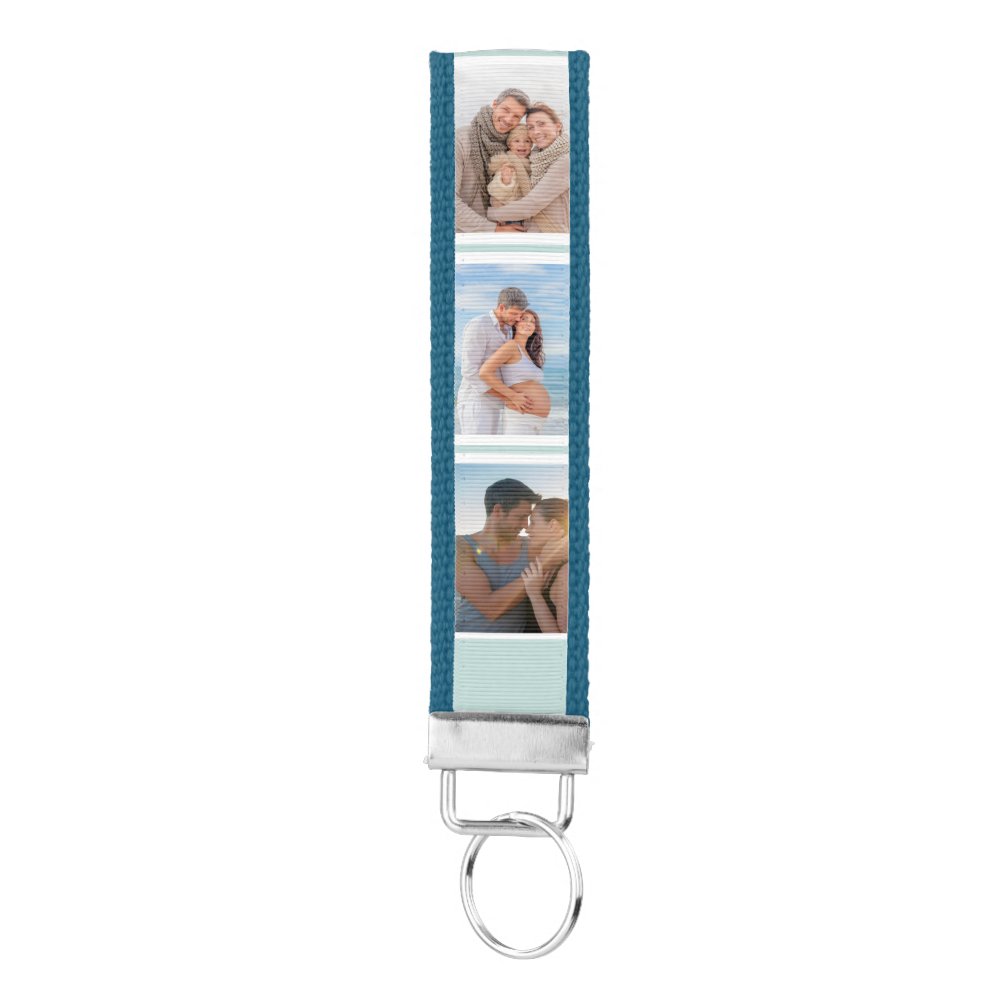 Personalized 6 Photo Collage Misty Blue Stripe Wrist Keychain