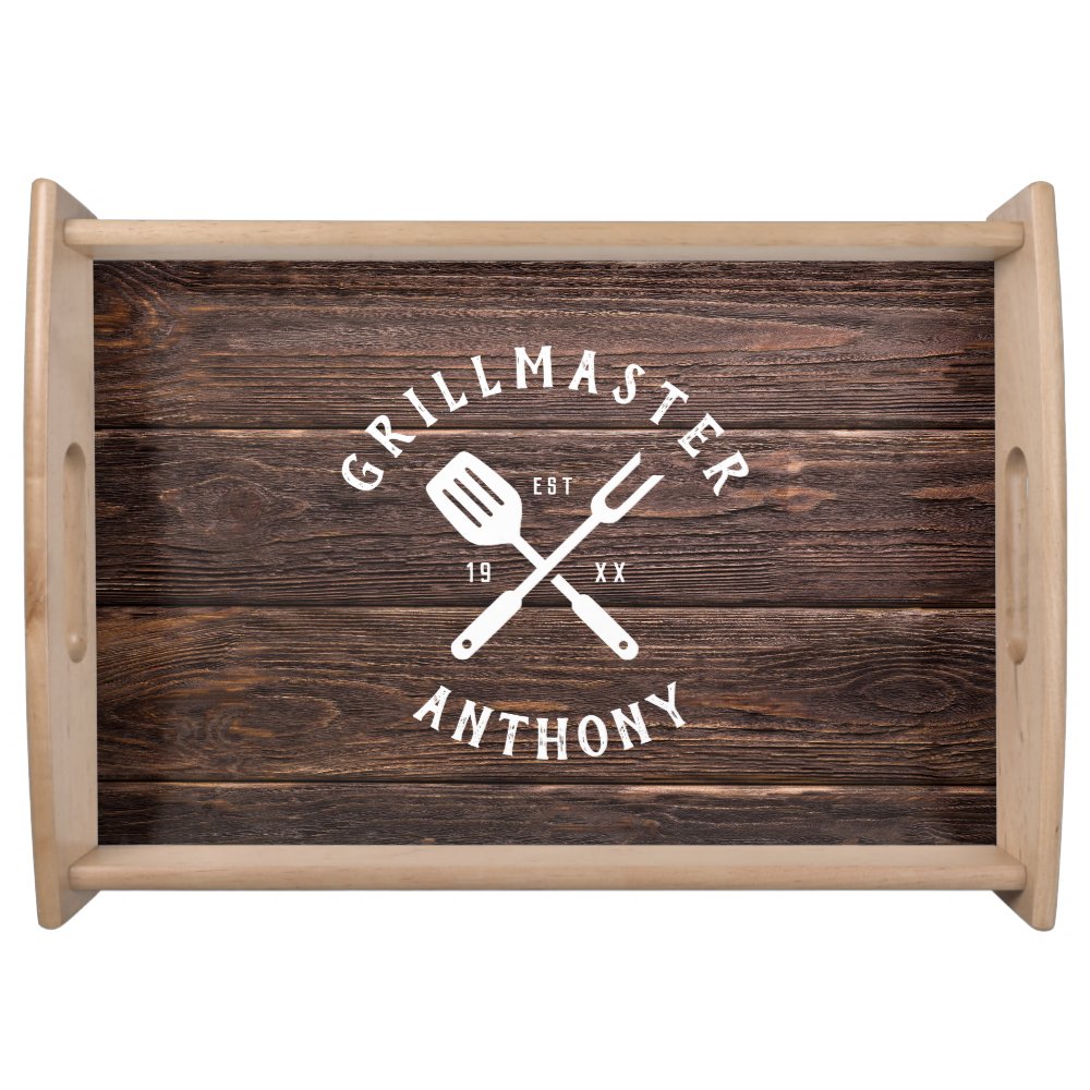 Custom Retro GRILLMASTER Rustic Dark Wood Print Serving Tray