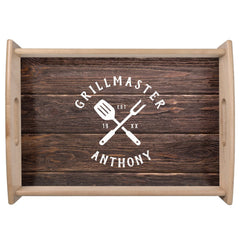Custom Retro GRILLMASTER Rustic Dark Wood Print Serving Tray