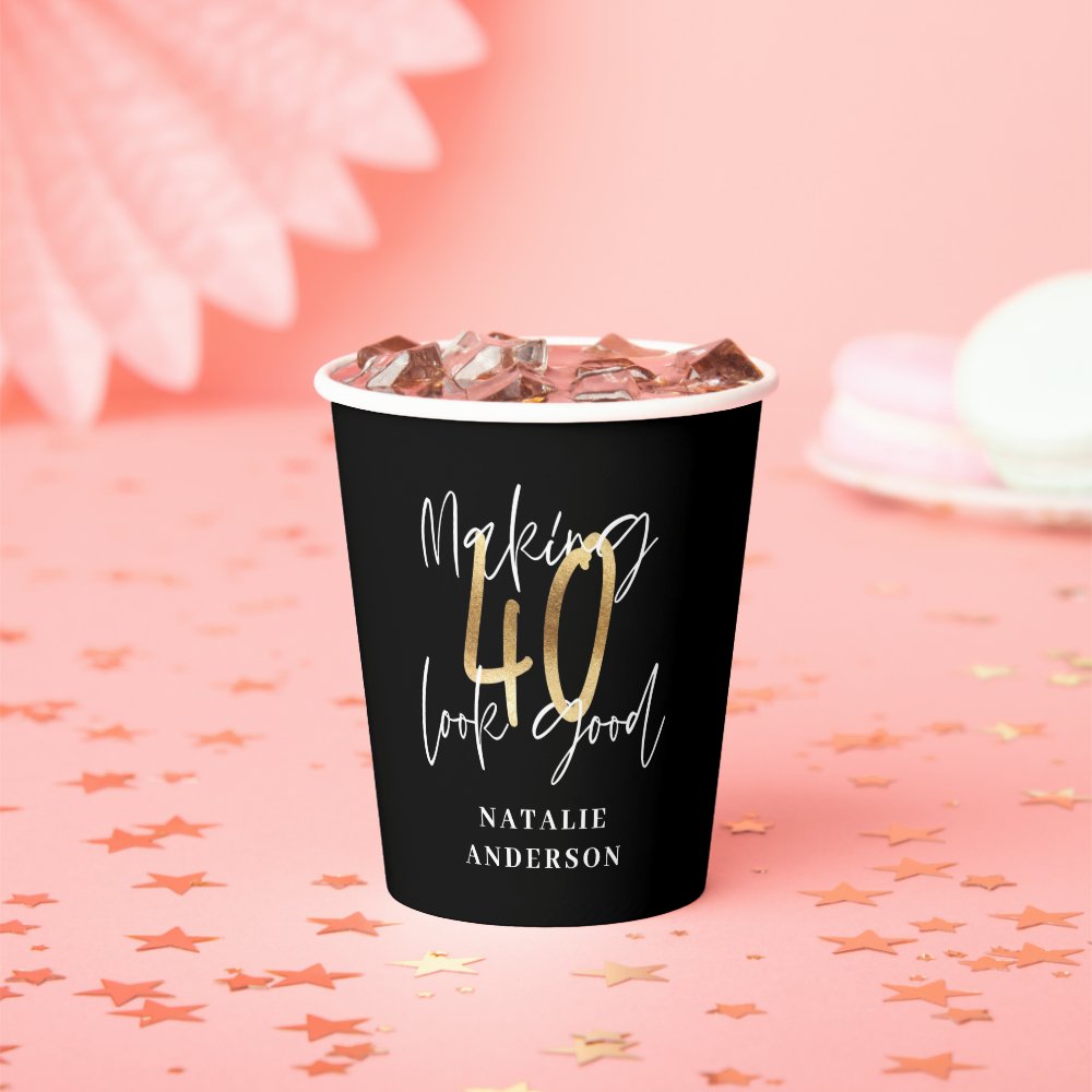modern black and gold 40th birthday party  paper cups