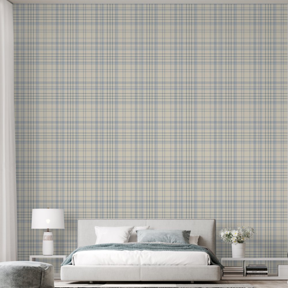 Classic Soft Blue & Beige Plaid Wallpaper