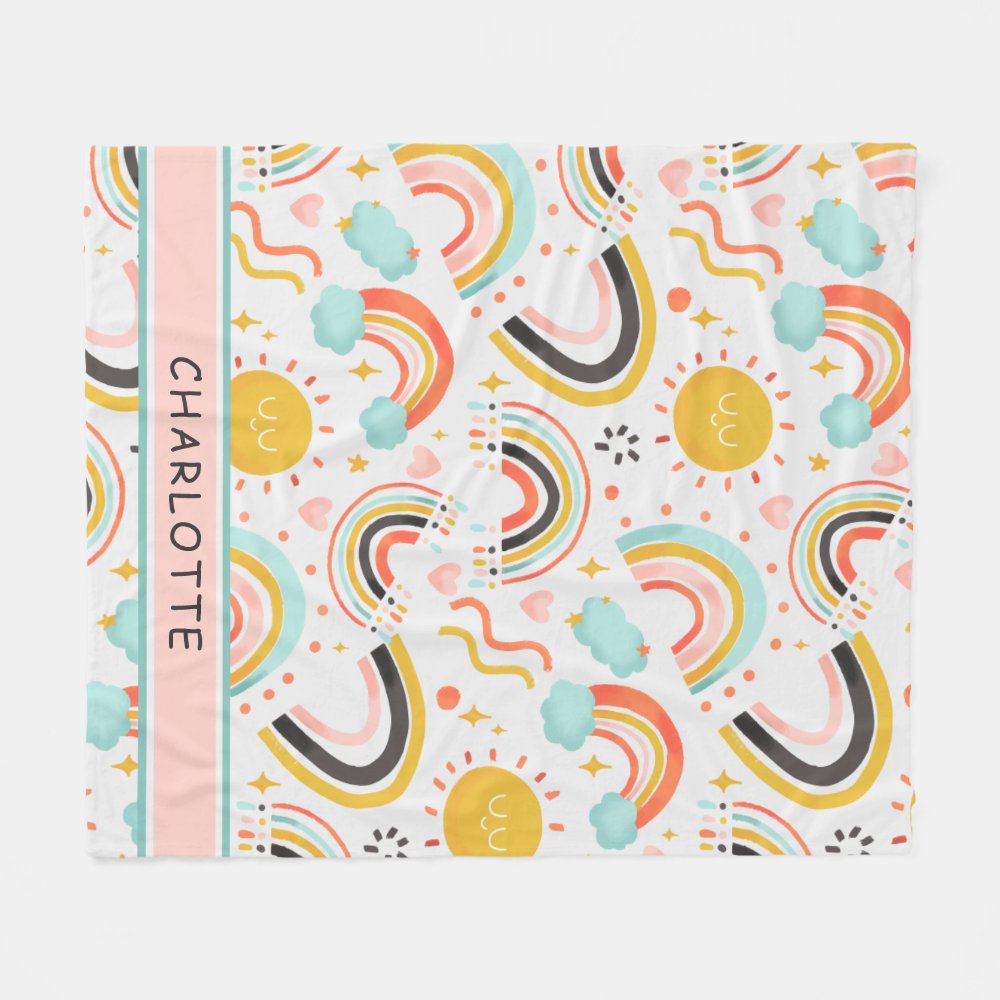Rainbow Hearts Custom Name Fleece Blanket
