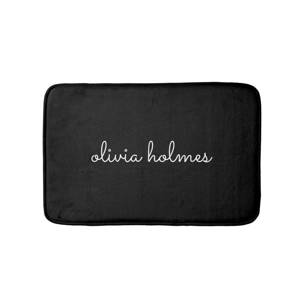 Trendy Monogram | Modern Black Script Name Bath Mat