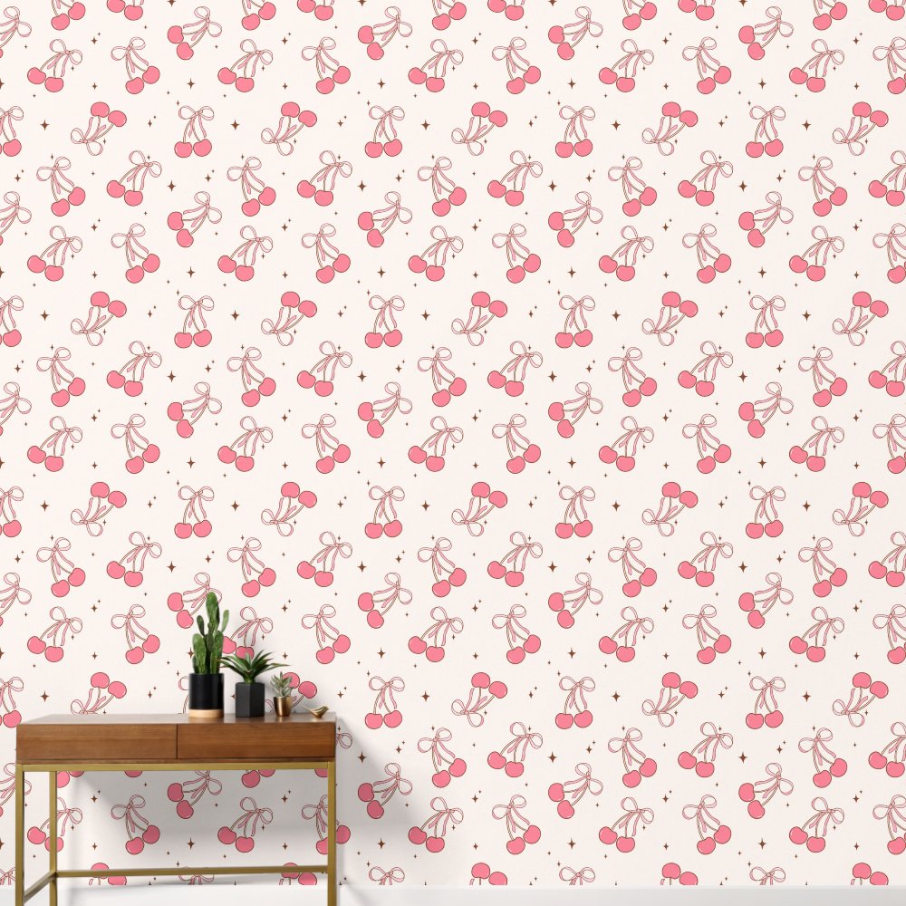 Pink Coquette Cherry Bow Pattern Wallpaper