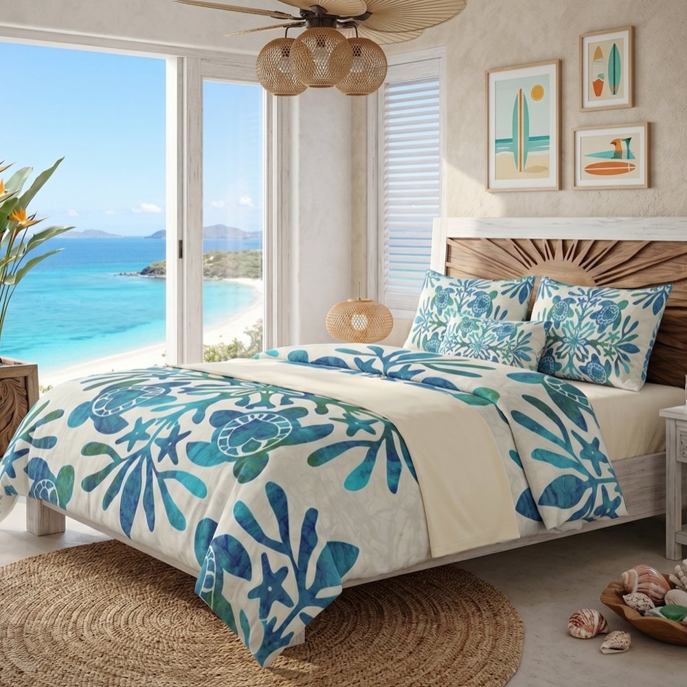 Teal Batik Hawaiian Quilt Honu Sea Turtle Duvet Cover