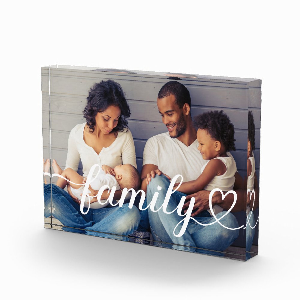 Family Heart Script White Photo Collage Block