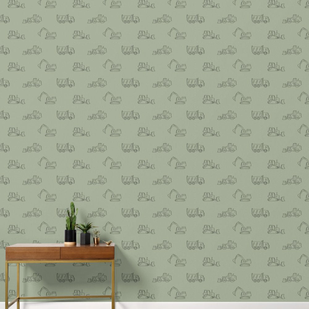 Construction Vehicles Builder Boy Truck Sage Green Wallpaper