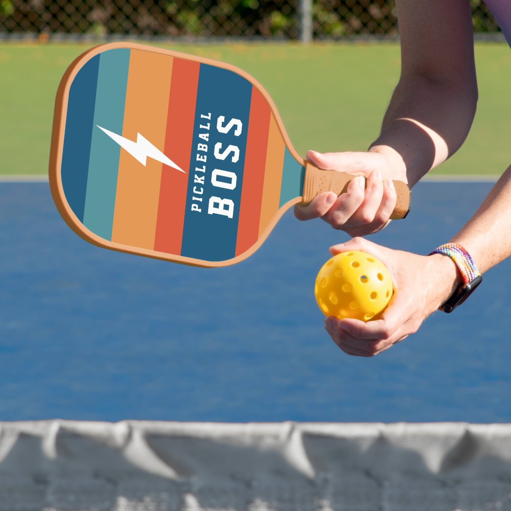 Pickleball Boss Lightning Bolt Retro Stripes Name  Paddle