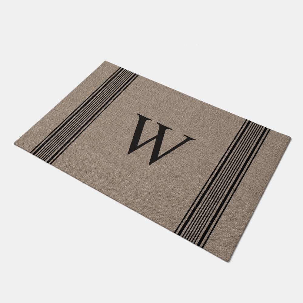 Rustic Burlap Farmhouse Ticking Stripe Monogram Doormat