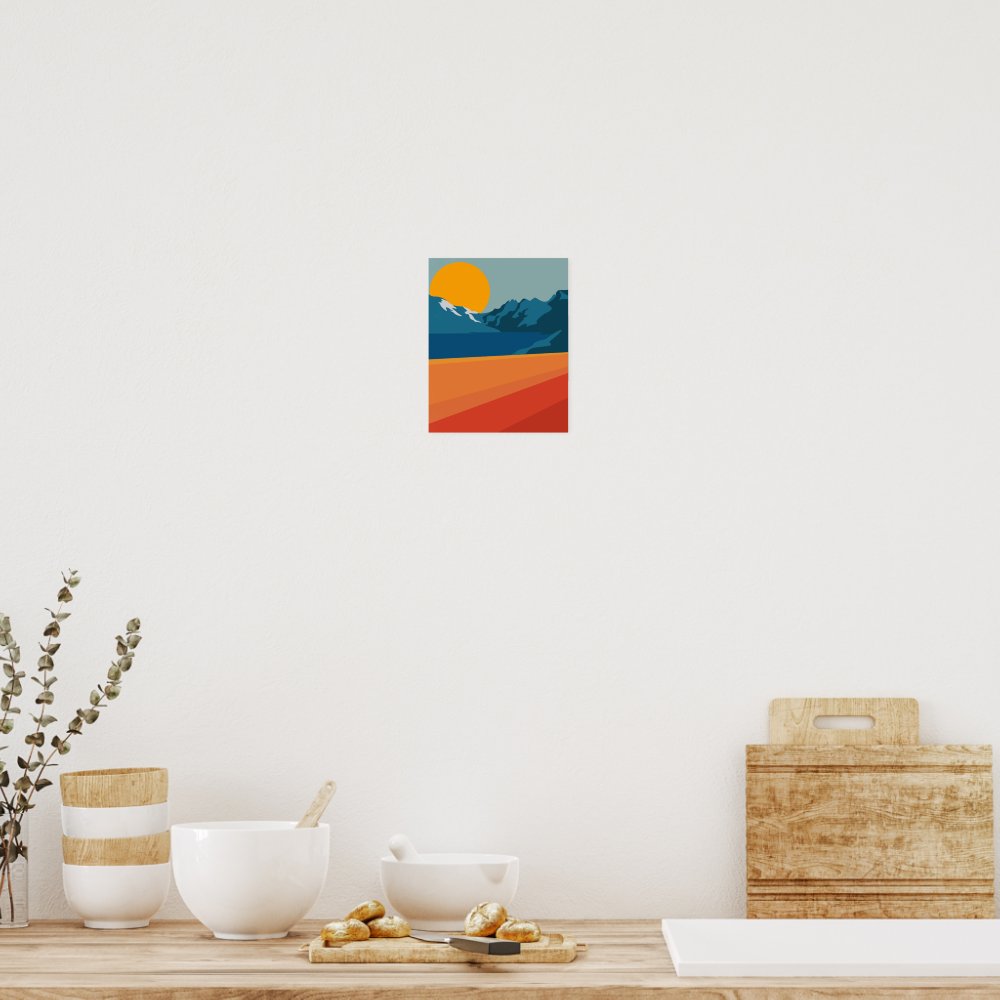 Retro Mountain Landscape Illustration Red Blue Poster