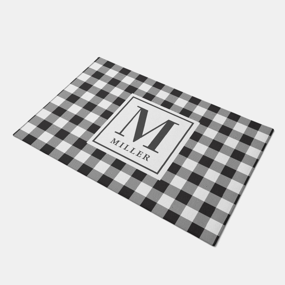 Modern Farmhouse Black Buffalo Plaid Monogrammed Doormat