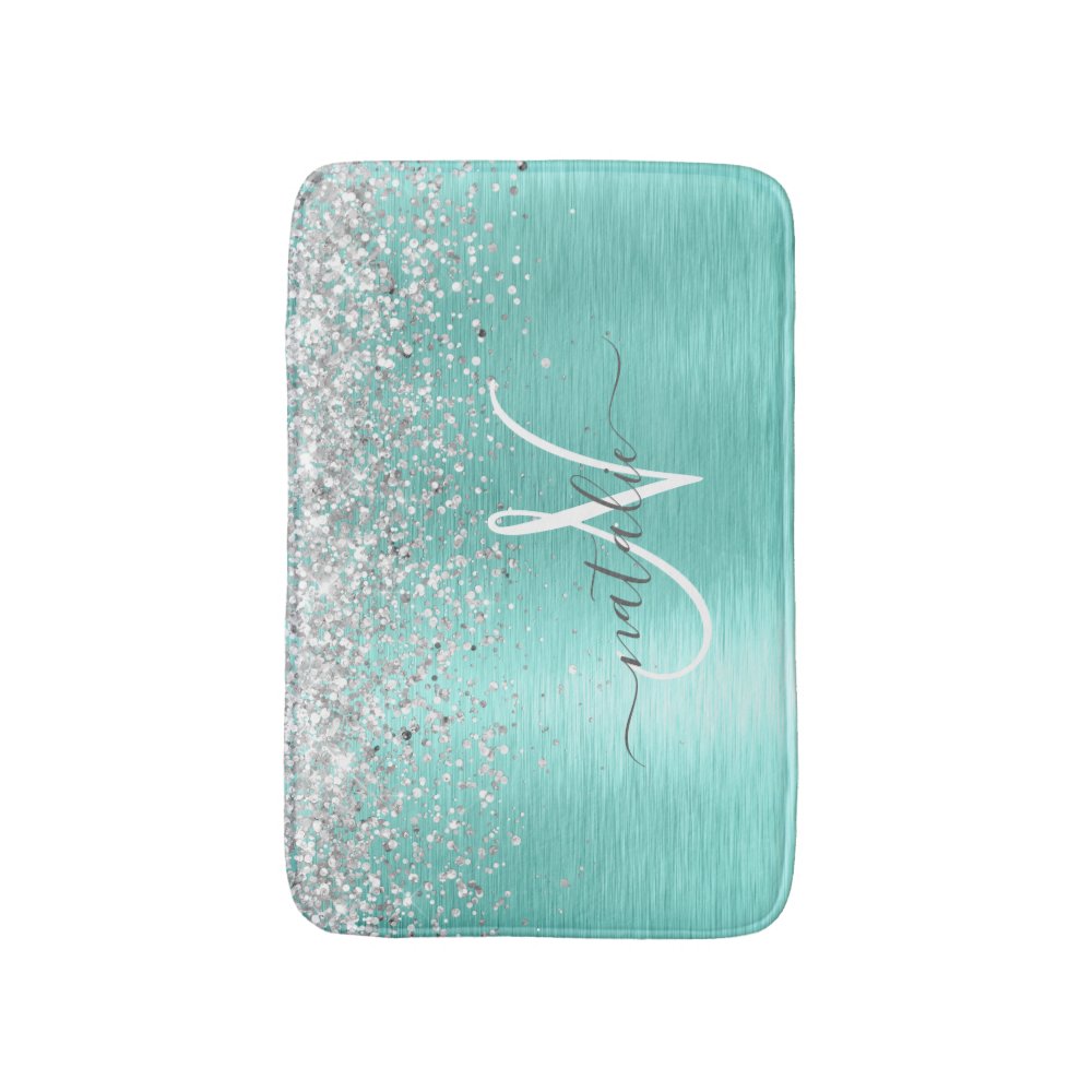 Teal Brushed Metal Silver Glitter Monogram Name Bath Mat