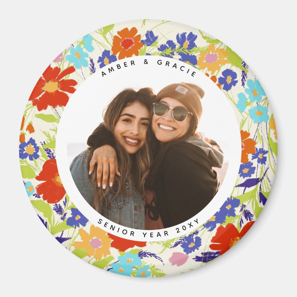 Round Photo Pretty Wildflower Frame with Text Magnet