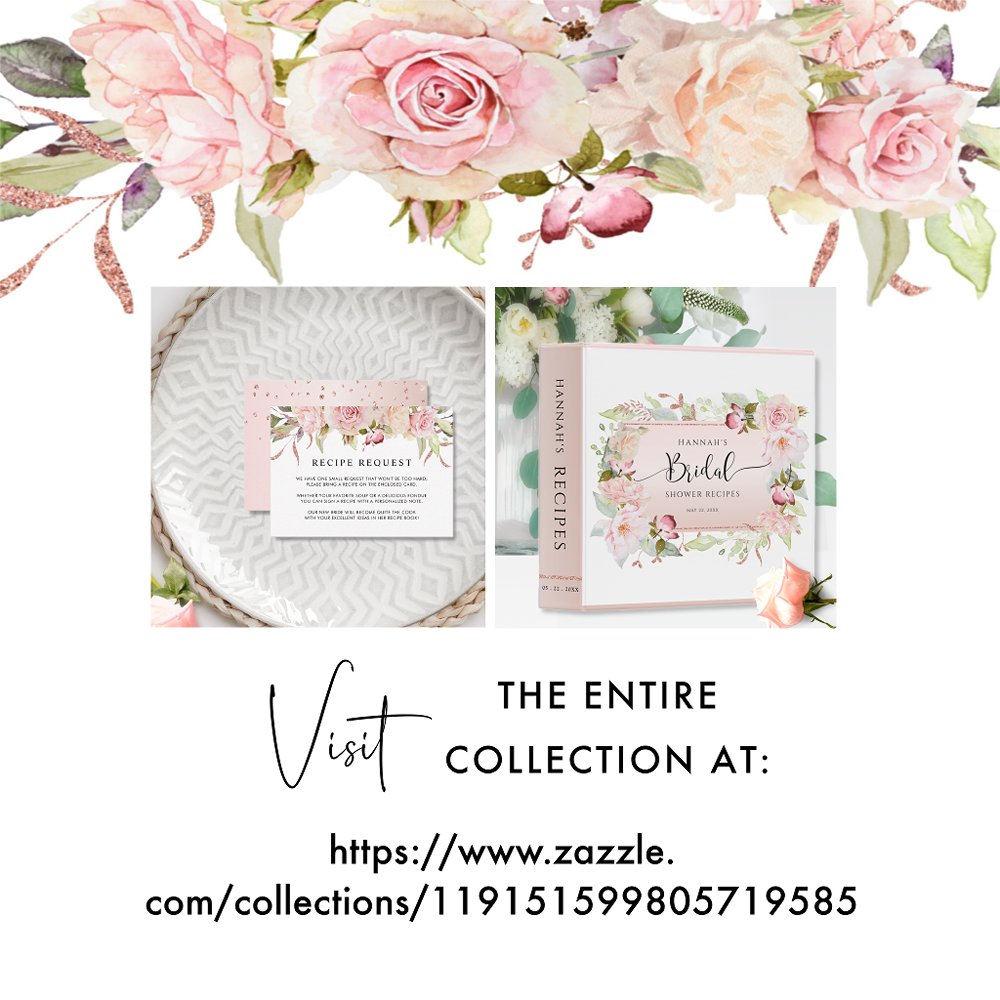 Pink, Rose Gold Floral Bridal Shower Recipe Card