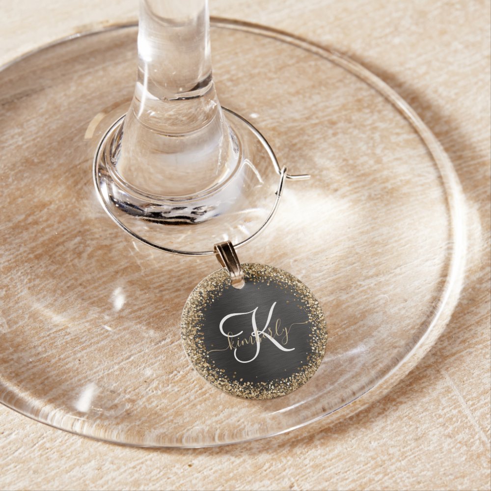 Custom Gold Glitter Black Sparkle Monogram Wine Charm